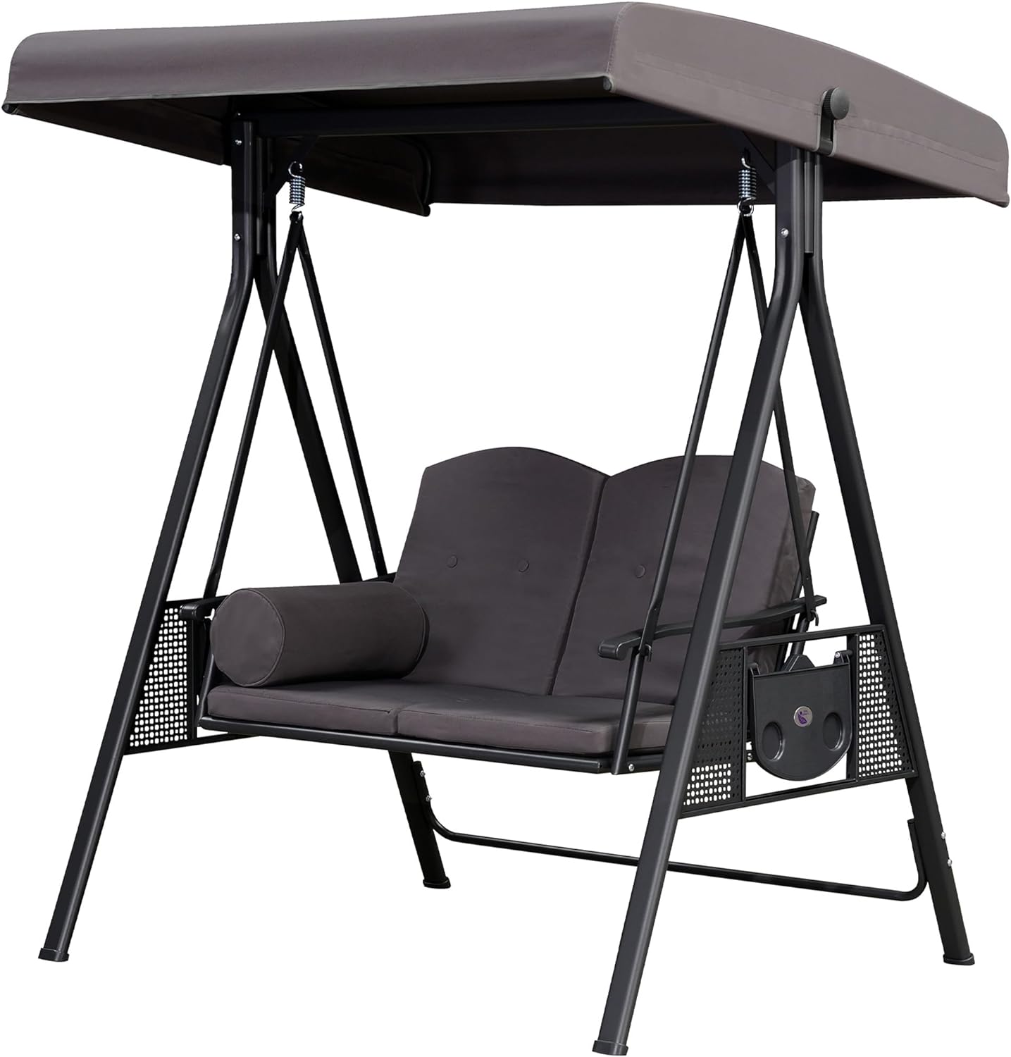 PURPLE LEAF Outdoor Patio Porch Swing with Stand, 2-seat Swing Chair with Adjustable Tilt Canopy All-Weather Steel Frame for Backyard Front Porch Lawn, Cushions and Pillow Included, Grey
