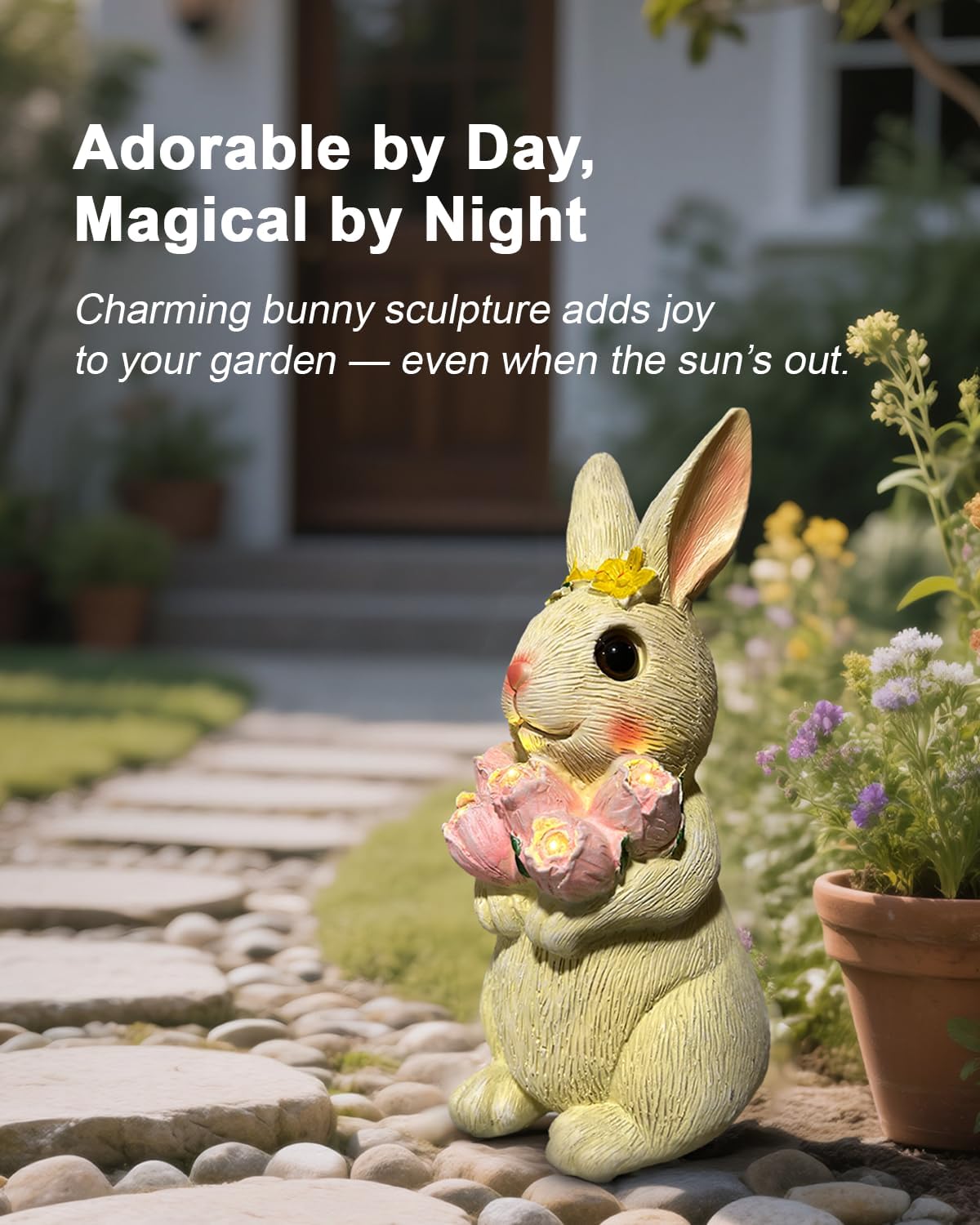 Solar Bunny Garden Light Outdoor Statue – Waterproof Rabbit Figurine with 5 Tulip LED Lights, Auto On/Off Bunny Garden Decor for Patio, Balcony, Lawn, Yard Decorations, Birthday Gifts for Women