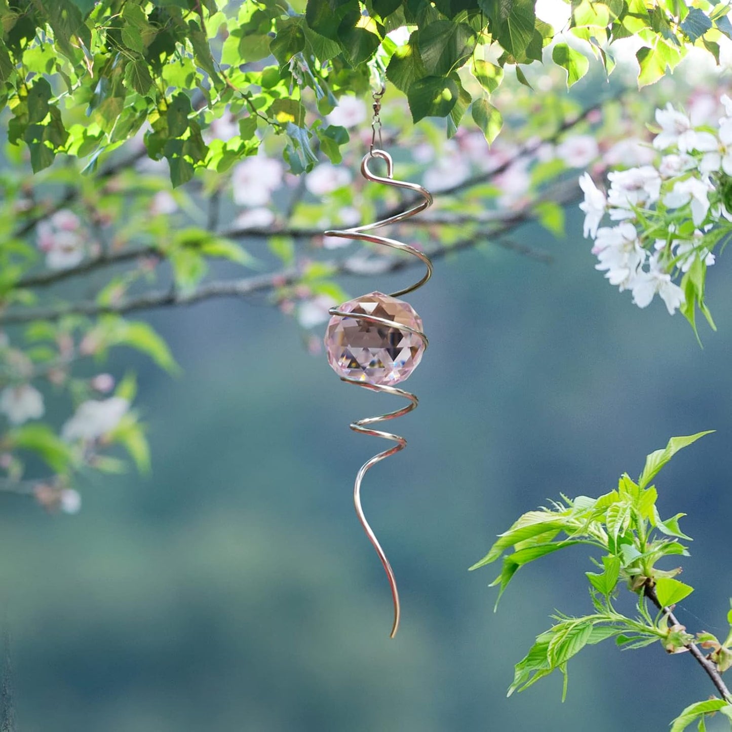 FONMY Gazing Ball Spiral Tail -Decorative Wind Spinner Sun Catcher Rainbow Maker 11 inch Tail and 2 inch Pink Crystal Orb. Indoor Outdoor Garden Decoration -13 inch Height