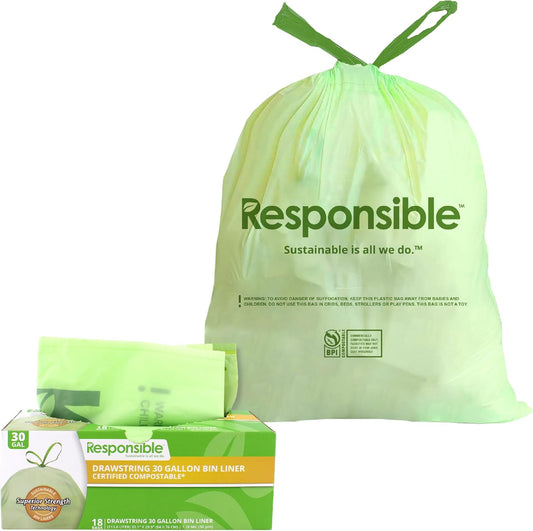 Kitchen Bin Liners, Certified Compostable, Heavy Duty Multipurpose Food Scrap Bags, Made from Compostable Materials (30 Gallon Drawstring, (18 Count))