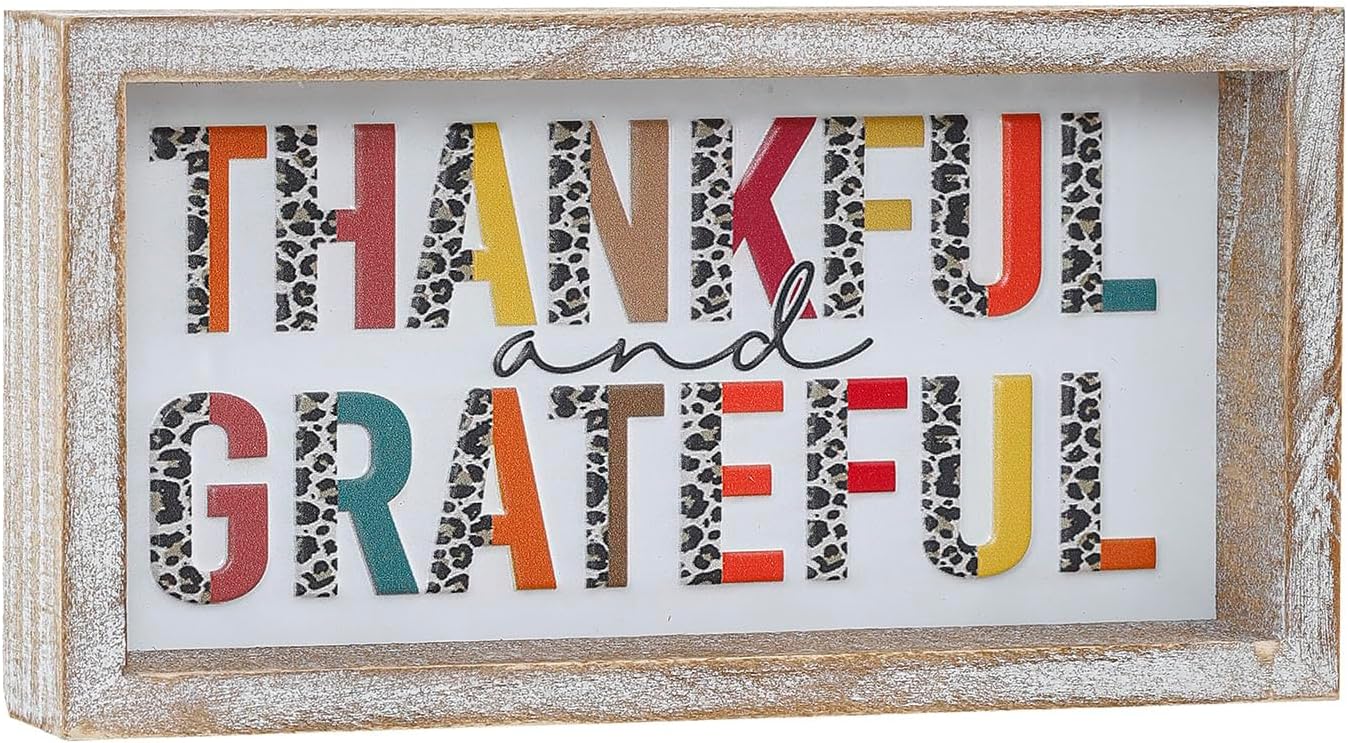 Embossed Thankful and Grateful Sign, Thanksgiving Decorations for Table Cubicle Desk Mantel Fireplace, Vintage Thanksgiving Home Decor Leopard Print Wooden Sign