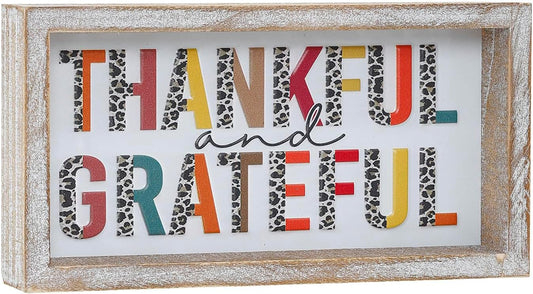 Embossed Thankful and Grateful Sign, Thanksgiving Decorations for Table Cubicle Desk Mantel Fireplace, Vintage Thanksgiving Home Decor Leopard Print Wooden Sign