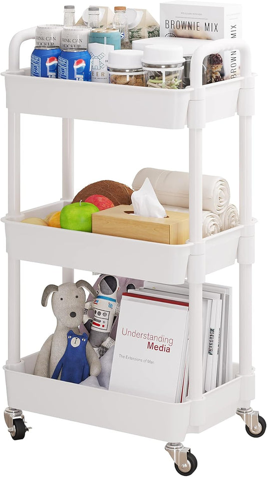 UDEAR 3-Tier Rolling Utility Cart with 12 Category Labels,Multifunctional Storage Shelves with Handle and Lockable Wheels for Room,Office,Kitchen,Bathroom,White