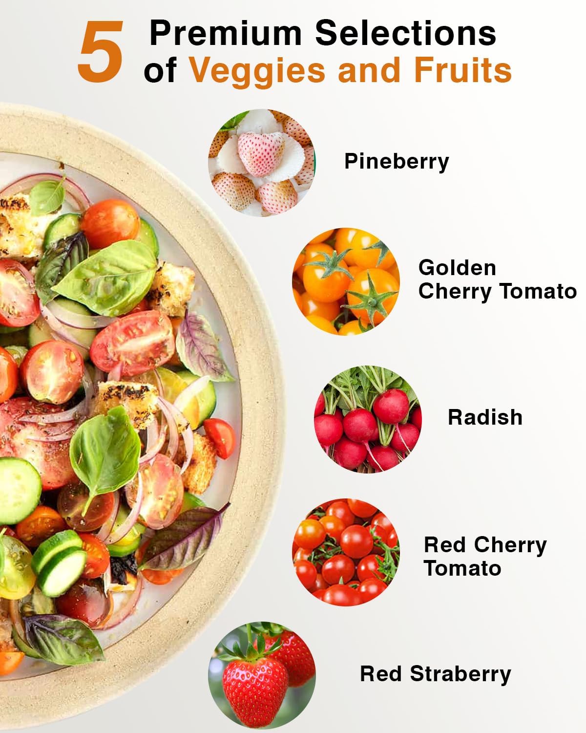 Red Strawberry and Pineberry Seed Pod Kit for AeroGarden, idoo, Ahopegarden with Red Strawberry, Radish, Pineberry,Red Heirloom/Golden Harvest Cherry Tomato - Compatible with All Hydroponics (12-Pod)