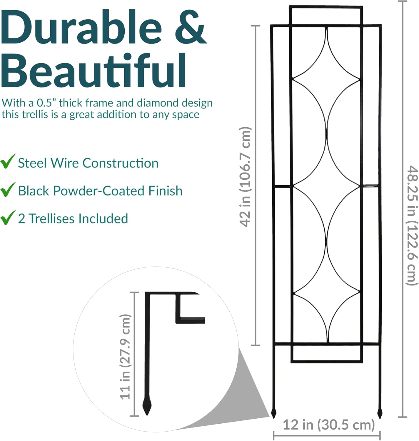 Sunnydaze 2-Piece Chic Diamonds Garden Trellis for Climbing Plants - Outdoor Decorative Metal Flower Trellis - 48-Inch Tall - Black