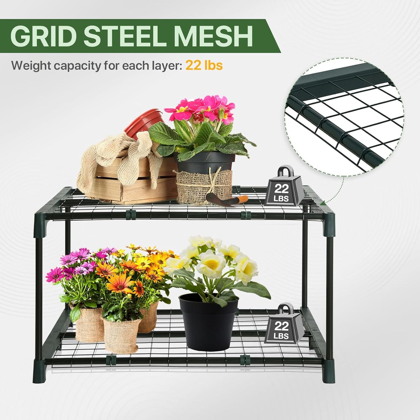 EAGLE PEAK Greenhouse Shelving Staging Double 2 Tier, Outdoor / Indoor Plant Shelves, 27"x19"x16", Green