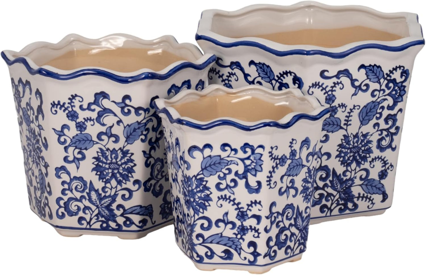 Home Decor Flower Pots and Planters – Intricate Pots with Floral Pattern for Indoor and Outdoor Plants - Vintage Plant Pots Great for Garden, Patio, or Room Decor Set of 3 – 9", 8", 7" Blue & White