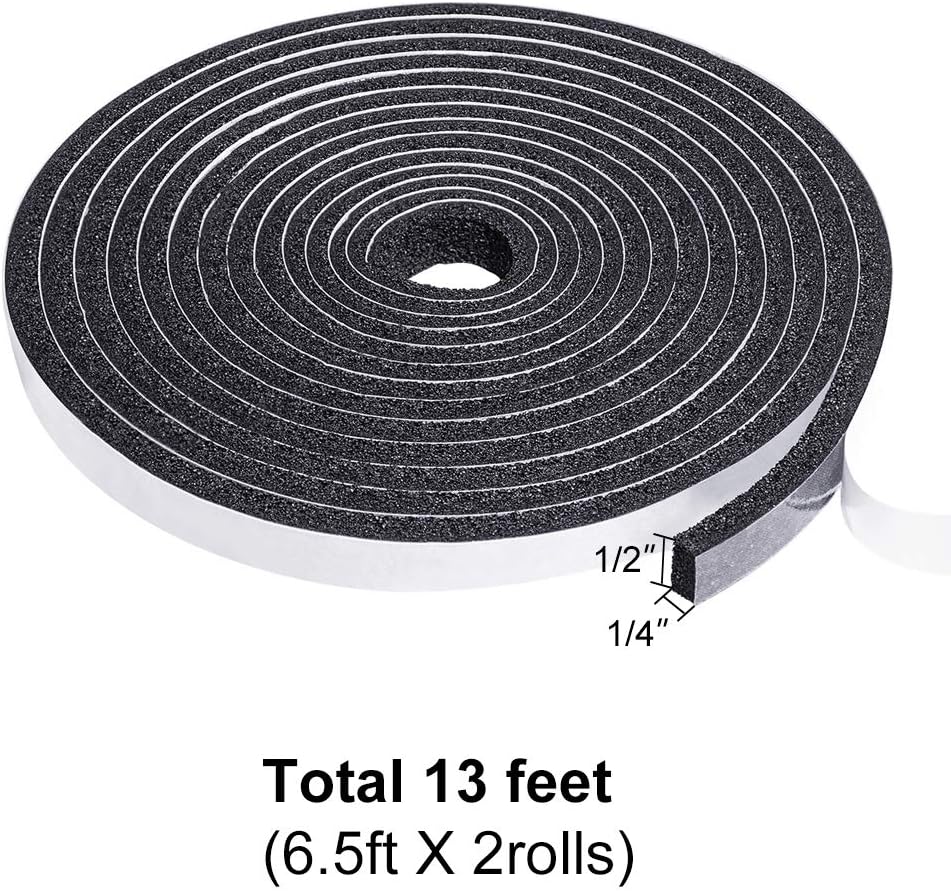 TORRAMI Low Density Foam Weather Stripping 1/2 inch W X 1/4 inch T for Doors and Windows, Self Adhesive Seal Tape Insulation Strips Total 13 feet (2 Rolls of 6.5 Ft Each)