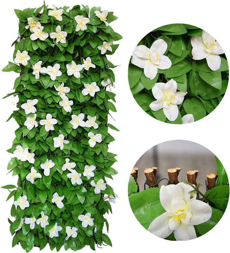 Expandable Fence Privacy Screen for Balcony Patio Outdoor,Decorative Faux Ivy Fencing Panel,Artificial Hedges (Single Sided Leaves) (2, White Flowers)