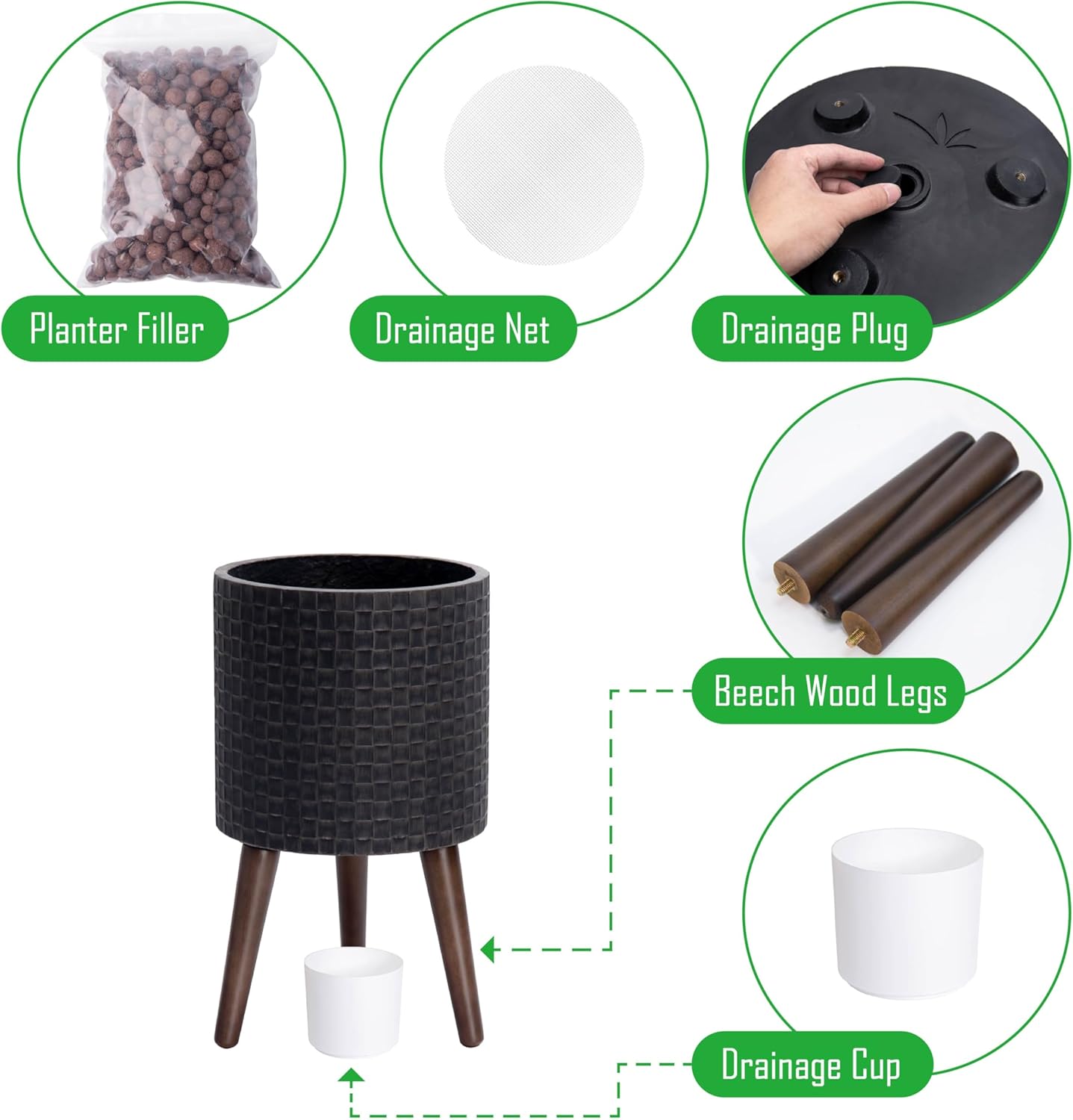 D'vine Dev 10 Inch Modern Geometric Tile Patterned Sleek Planter Pot with Stand, Indoor Outdoor Decorative Plant Holder, Distressed Black, 88-Z-B-5