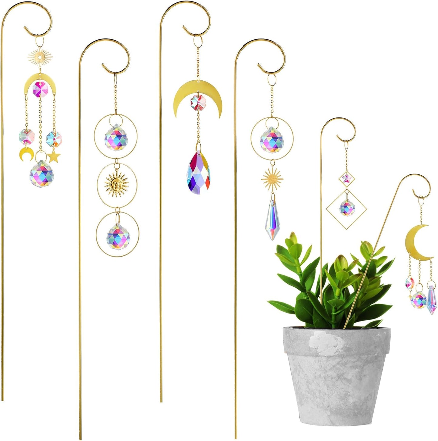 HDCRYSTALGIFTS 6PCS Small Trellis for Potted Plants Indoor with Crystal Sun Catcher, 13.5'' Metal Plant Stakes Suncatchers for Mini Potted Plant Accessories Home Garden Decor