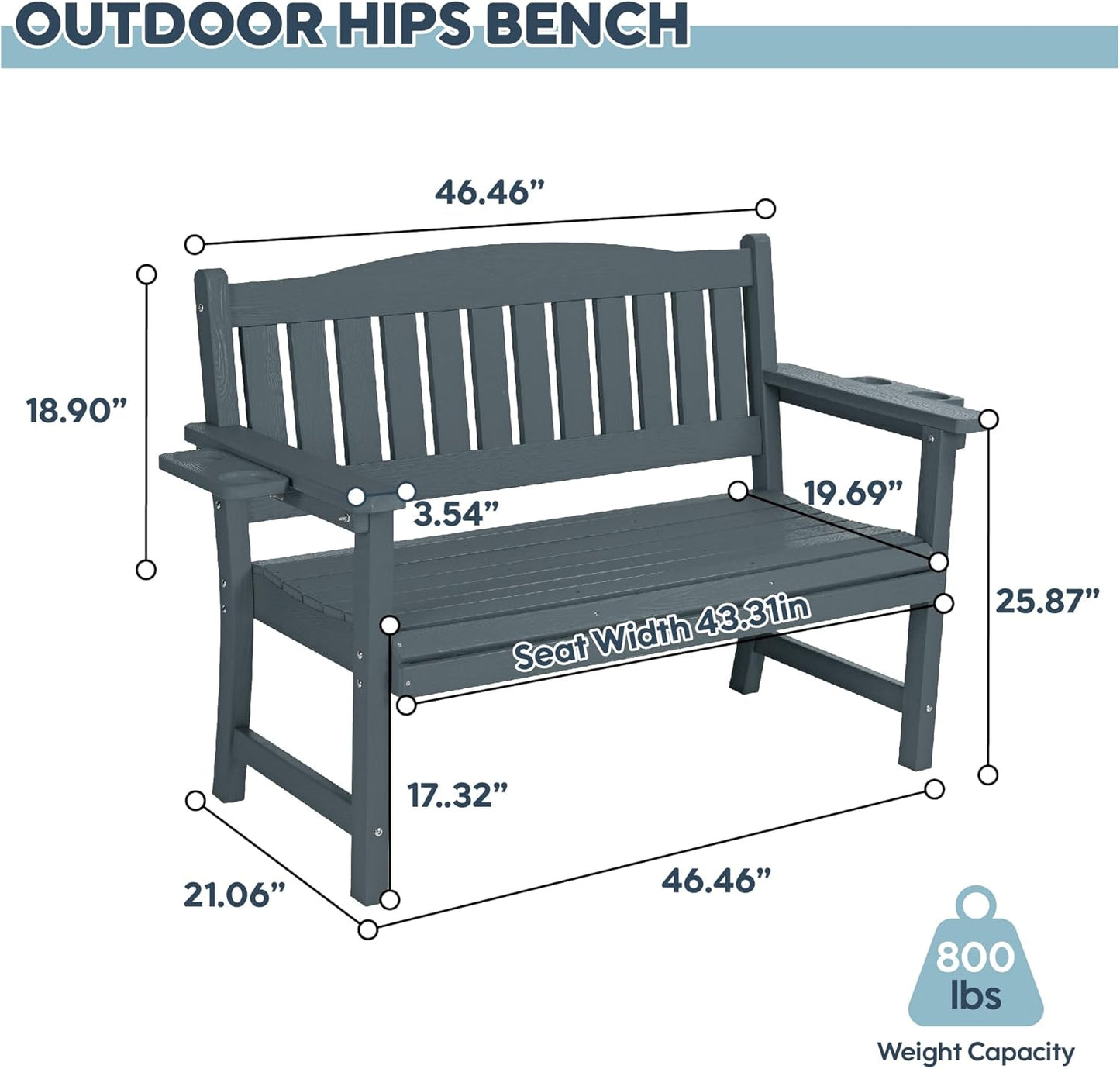2-Person HIPS Outdoor Bench, Weatherproof Garden Bench with 800 lbs Weight Capacity, Artificial Wood Grains, Never Rot or Fade, Patio Benches for Garden, Porch, Balcony, Backyard,Park, Grey