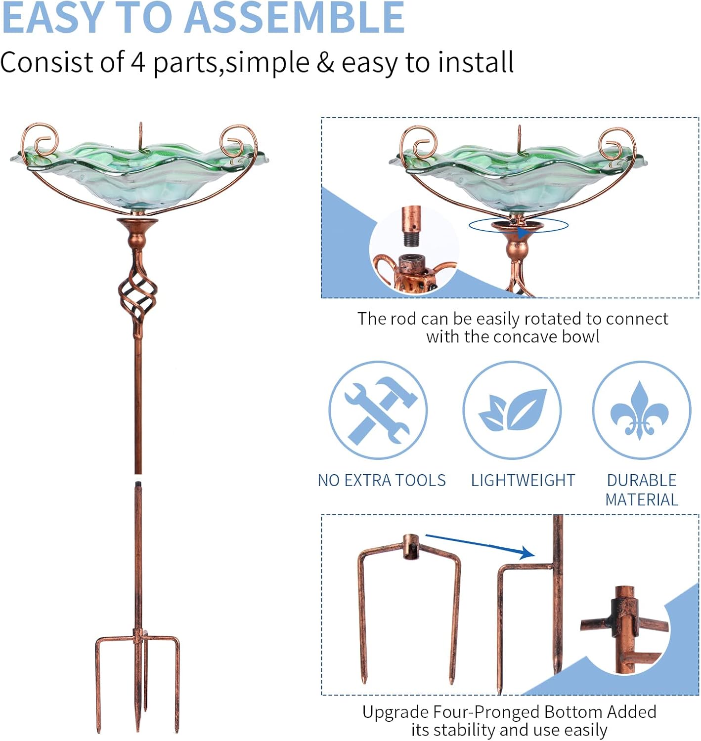 VCUTEKA Bird Bath Glass Outdoor Birdbaths Garden Yard Decor Bird Feeder with Metal Stake Green