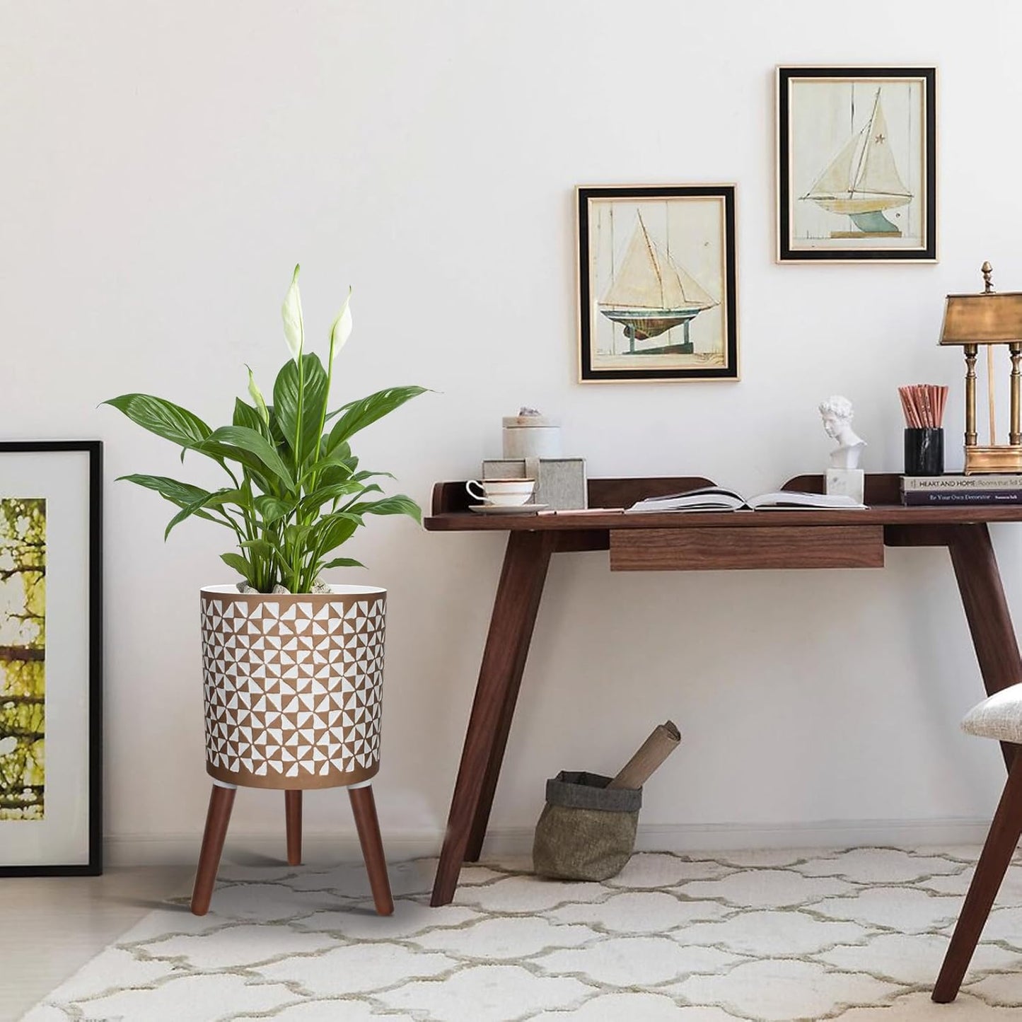 12 Inches Plant Pot with Stand, Large Modern Standing Planters for Indoor Outdoor Plants with Drainage Holes, Big White & Gold Flower Pots with Legs