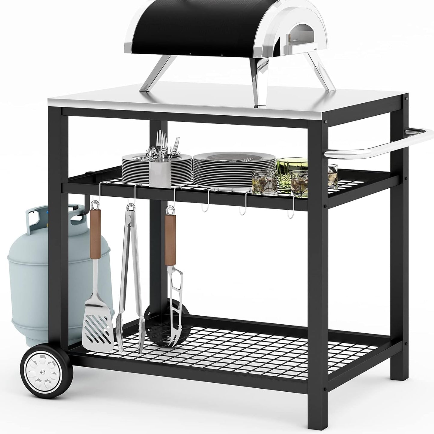 Movable Food Prep and Work Table Stainless Steel Grill Cart Modular Table with Wheels and Handle Double-Shelf Commercial Kitchen Tables Heavy Duty Pizza Oven Stand Outdoor