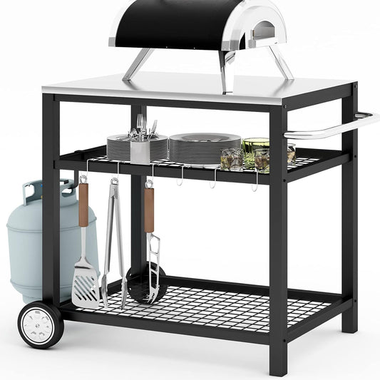 Movable Food Prep and Work Table Stainless Steel Grill Cart Modular Table with Wheels and Handle Double-Shelf Commercial Kitchen Tables Heavy Duty Pizza Oven Stand Outdoor