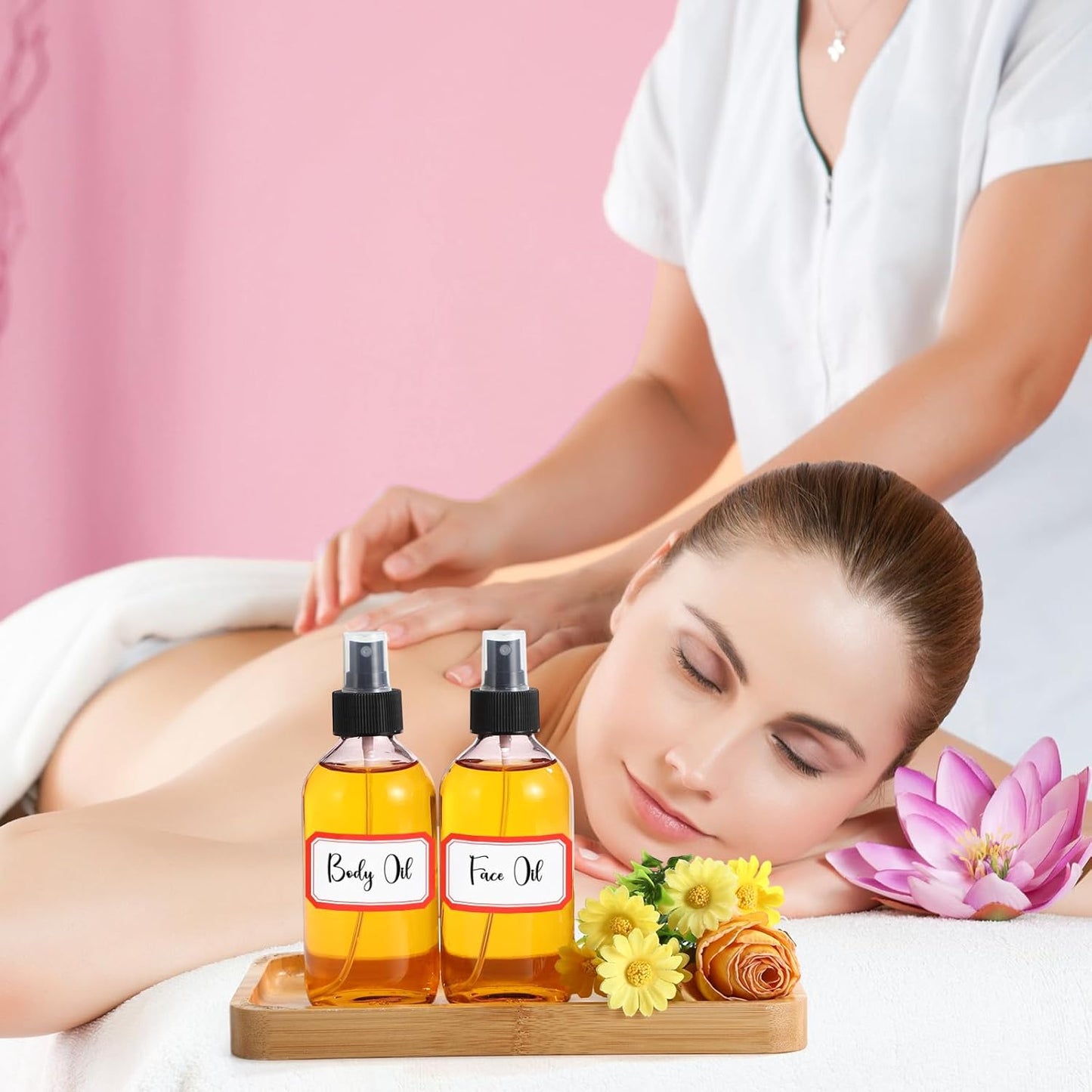 Norme 12 Pcs 8 oz Glass Spray Bottles with Funnels and Labels Refillable Cosmetic Empty Spray Bottles with Sprayer Containers for Essential Oil Cleaning Solutions(Pink,Stylish)