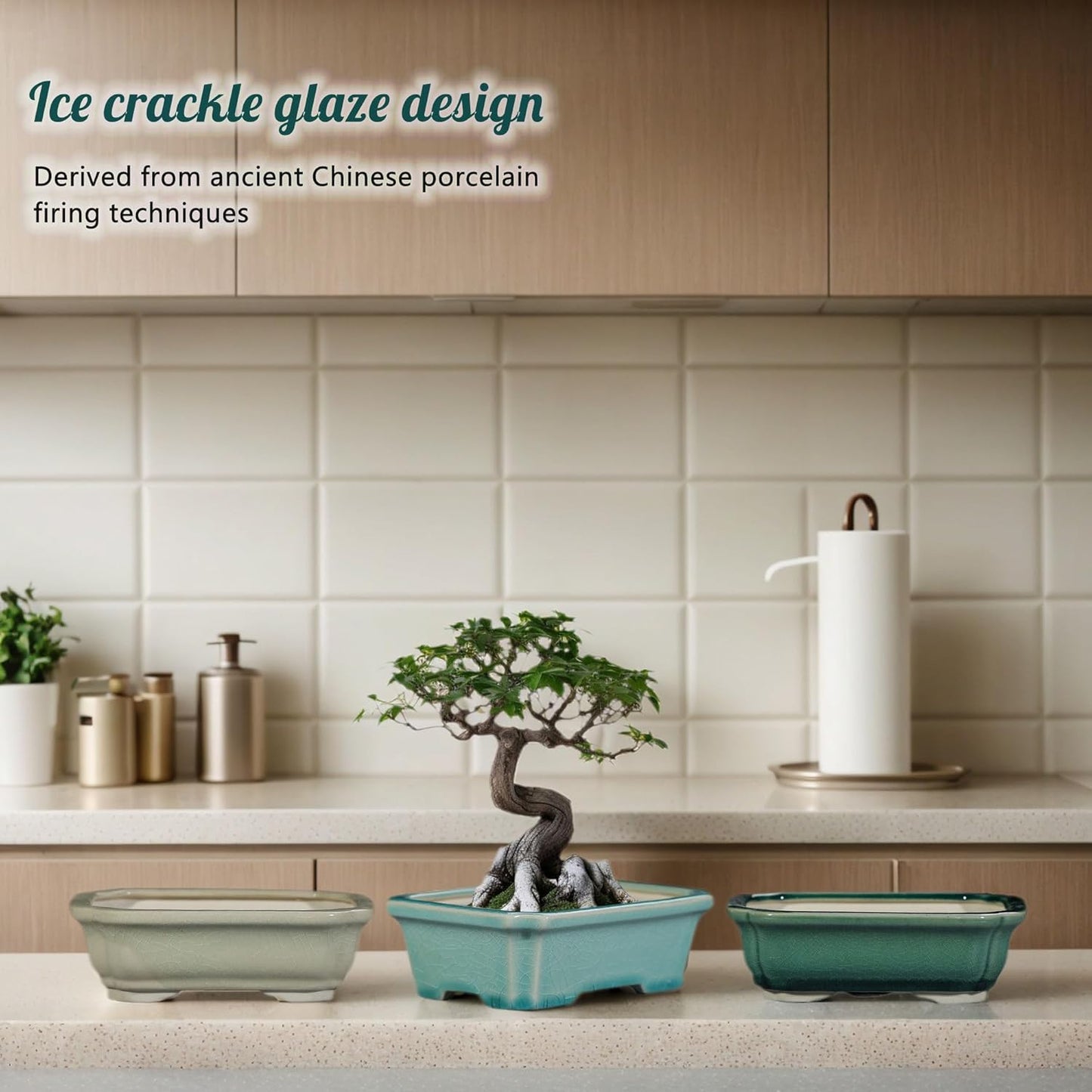 FFPOPU 3-Packs Ceramic Bonsai Pots with Drainage Tray, 6-inch Cute Bonsai Tree Pot with Ice Cracked Glaze, Small Bonsai Planter Pot for Desktop Decoration