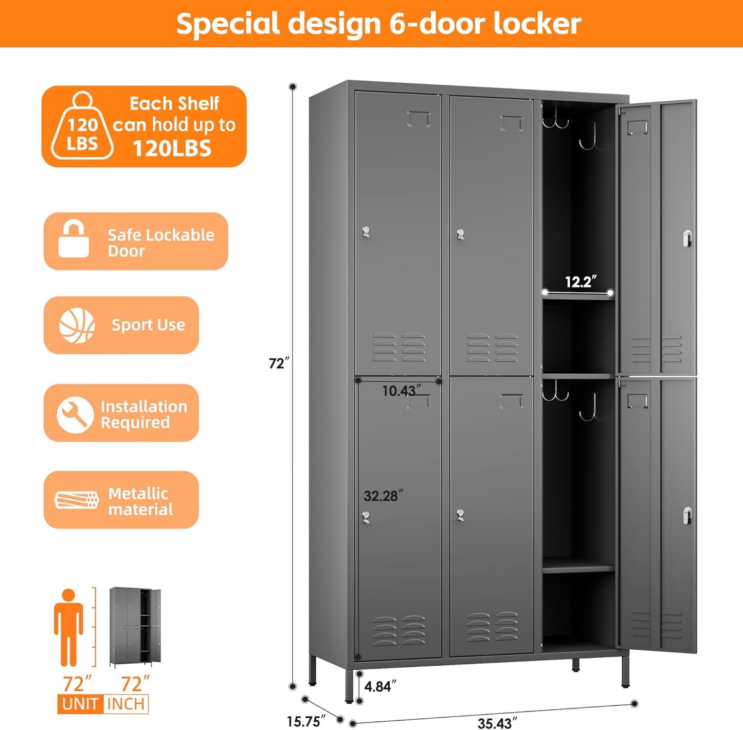 6 Doors Metal Lockers for Employees with 18 Hooks, Metal Employes Lockers with Ventilation Holes for School Garage Office Gym Home,Assembly Required,Dark Grey
