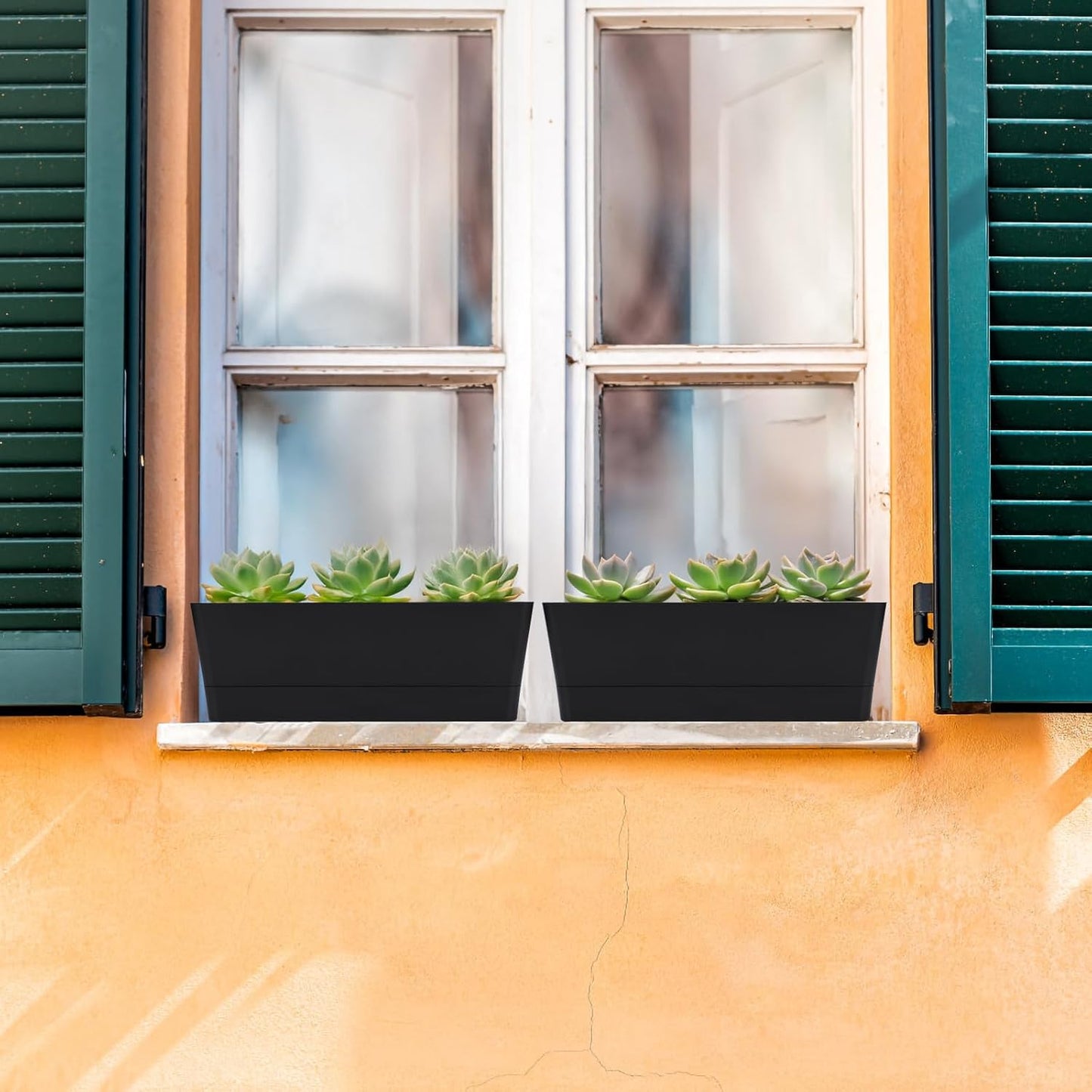 GREANER 6 Pack Herb Planters, 12x3.8 Inch Black Rectangle Window Boxes with Tray, Indoor Succulent Cactus Mint Plastic Pot for Windowsill, Balcony, Office, Outdoor Garden