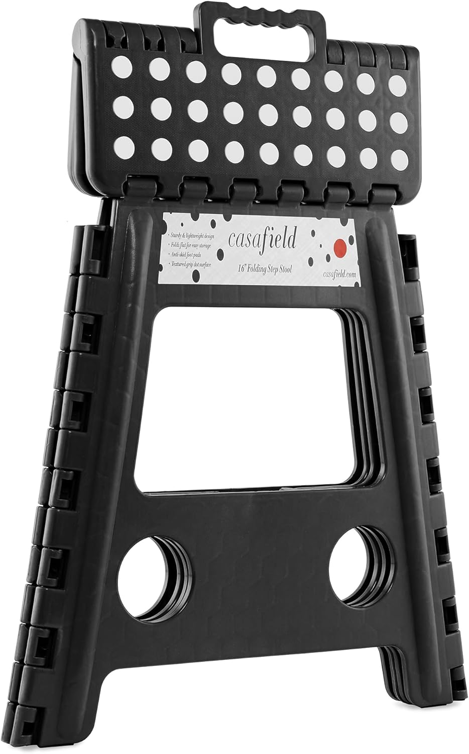 Casafield 16" Folding Step Stool with Handle, Black - Portable Collapsible Small Plastic Foot Stool for Adults - Use in The Kitchen, Bathroom and Bedroom