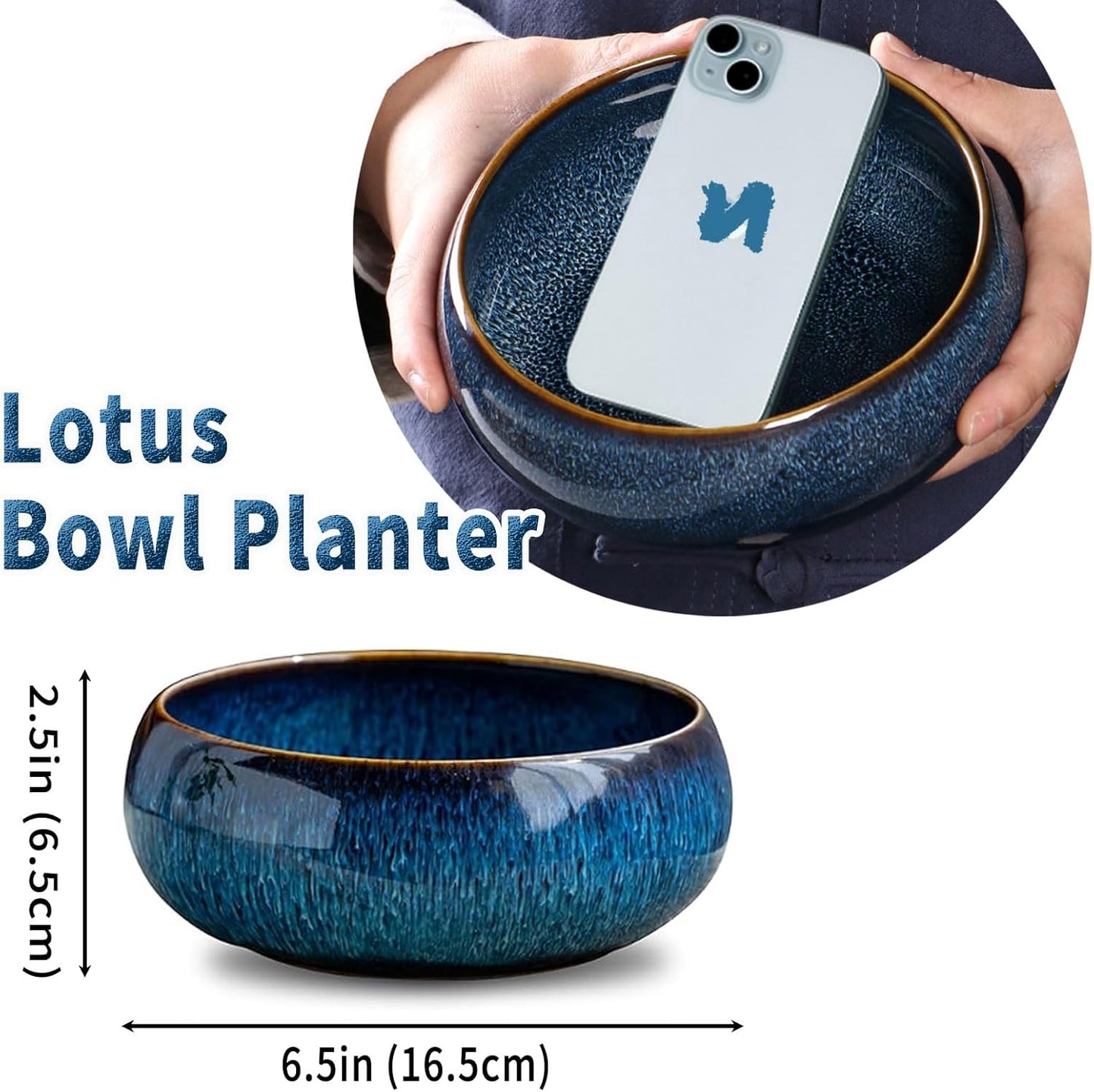 Oncpcare Lotus Bowl Planter – Glazed Ceramic Water Plant Pot for Indoor Outdoor Use, Shallow Hydroponic Vase for Lotus Seeds, Succulents, Bonsai, Water Lily Arrangement (Blue)