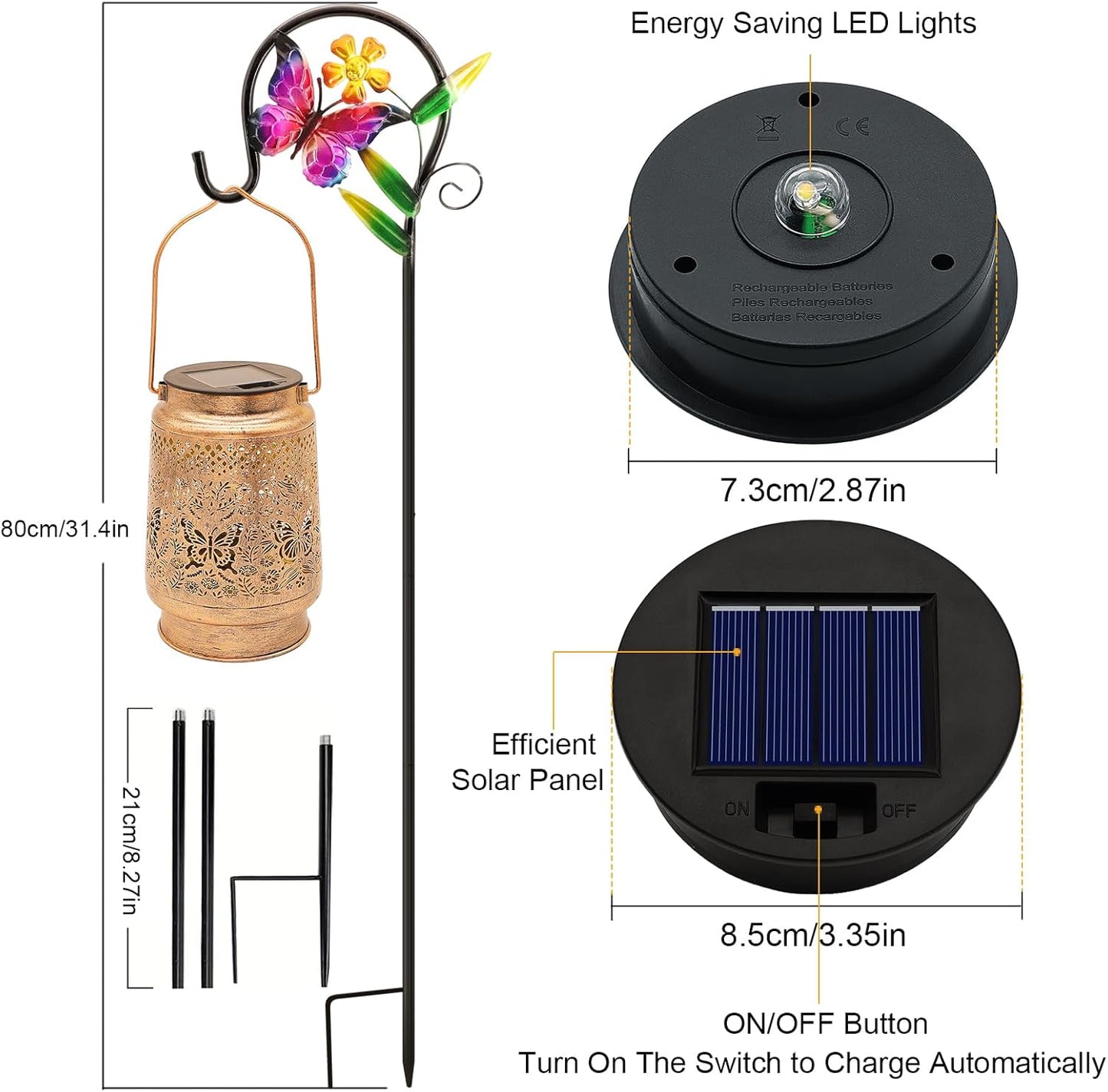 2 Pack Solar Lanterns Outdoor Butterfly Garden Decor, Birthday Gifts for Women Mom Grandma Waterproof Metal Hanging Solar Lights LED Decoration with Shepherd Hook Outside for Yard Porch Lawn Patio