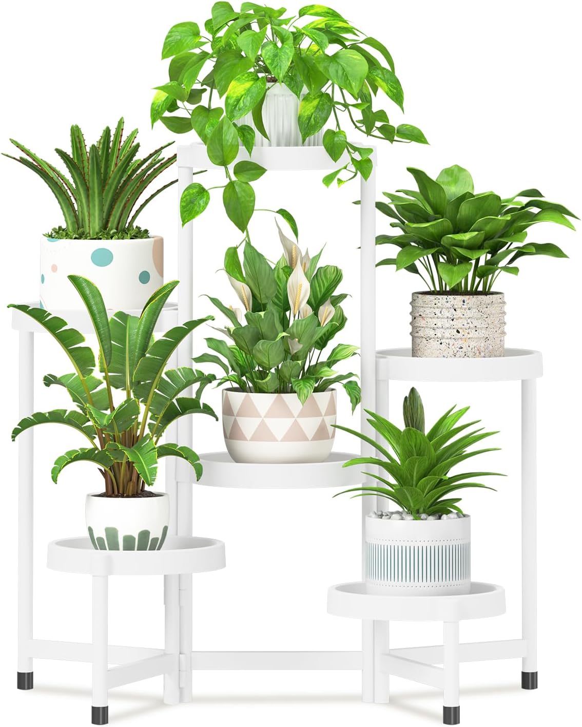 iDavosic.ly 6 Tier Folding Plant Stand Indoor Outdoor with Plastic Tray, Tiered Corner Flower Holder Shelf, Metal Orchid Display Rack for Patio Porch Living Room Garden Balcony, White