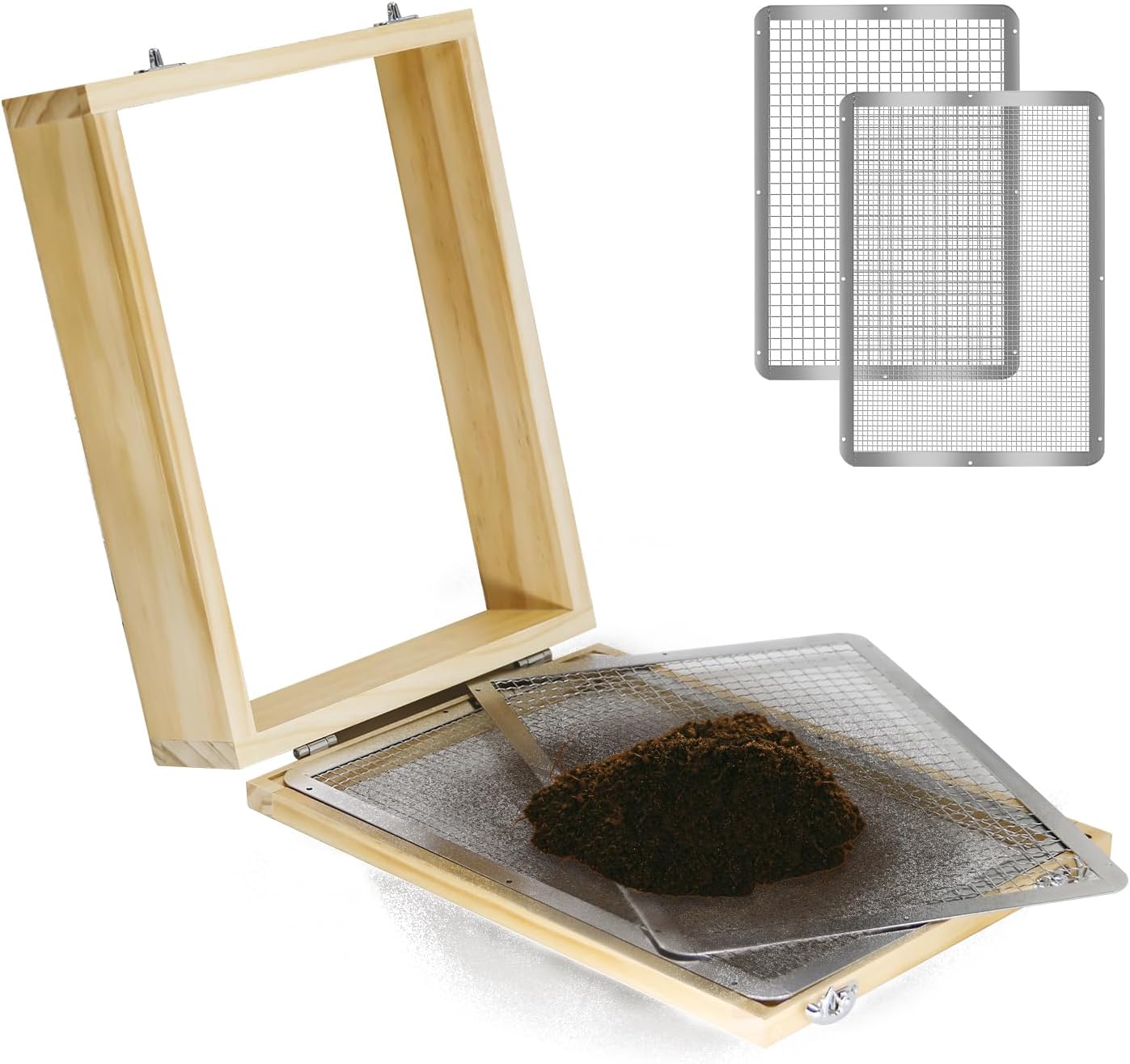 Soil Sifter 13.8"x10.2" for Garden: Wooden Dirt Sifter Replaceable Iron Mesh(0.15" & 0.35"), Multipurpose Handheld Compost Rock Sifter for Flowers, Fruit, Vegetable Plant Pots Gardening Tools