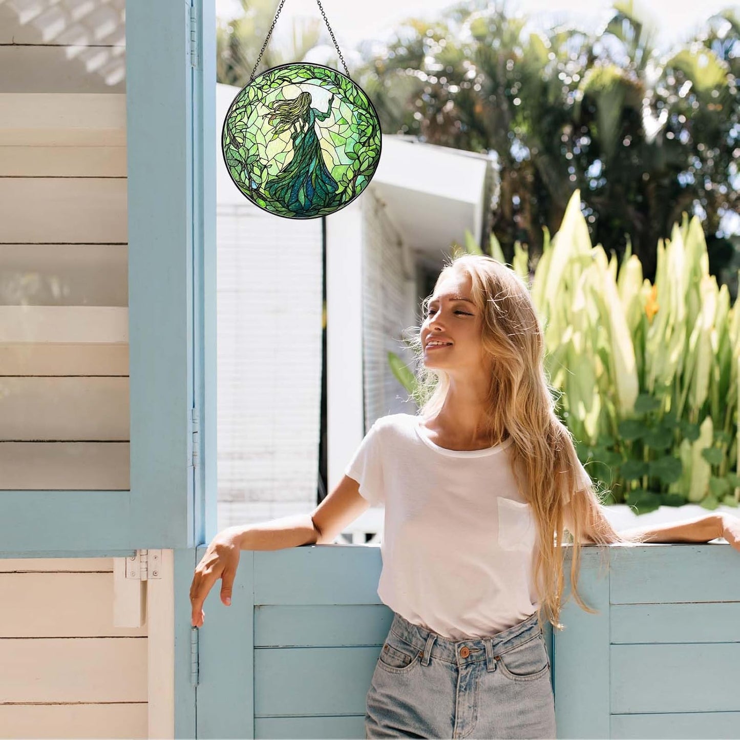 Green Witch Suncatcher Plant Witch Stained Glass Window Hanging Plant Lover Gifts for Women Wall Decor Handmade Sun Catcher Decoration for Garden Home Housewarming Gifts