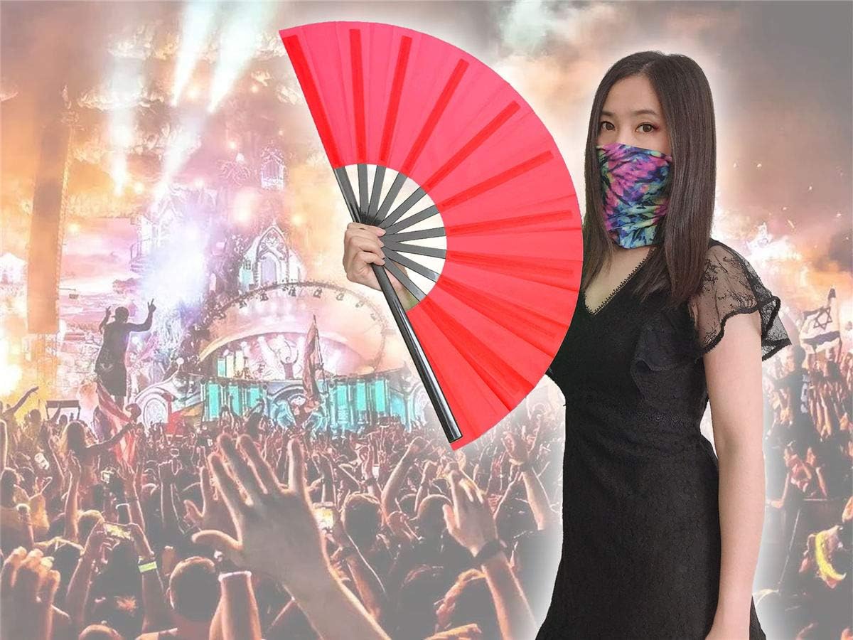 Zolee Large Rave Folding Hand Fan for Men/Women - Chinese Japanese Solid Kung Fu Tai Chi Handheld Fan with Fabric Case - for EDM, Music Festival, Club, Event, Party, Dance, Performance, Gift (Red)