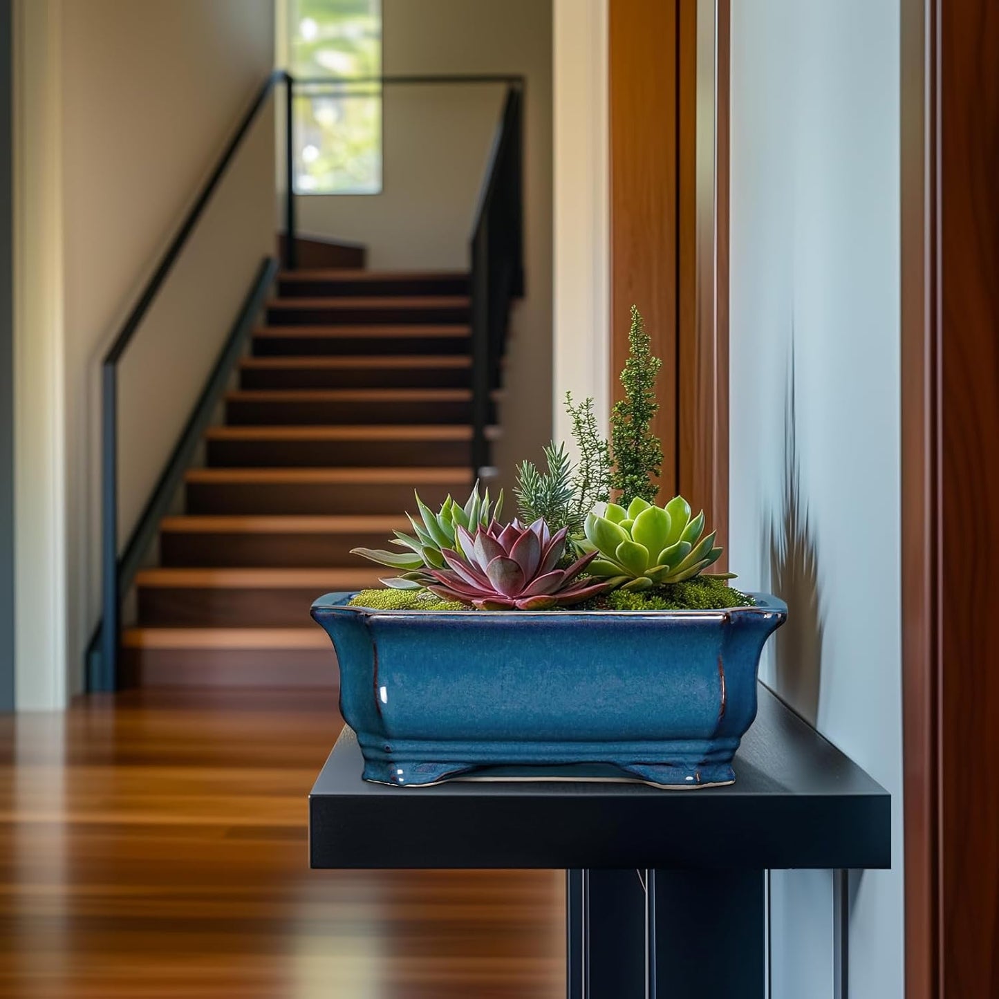 Bonsai Tree Pot - 13.7 Inch Large Ceramic Succulent Planter for Indoor Outdoor, Rectangle Plant Pot with Drainage Hole, Decorative Flower Pots, Home Decor, Gifts for Plant Lovers, Retro Blue