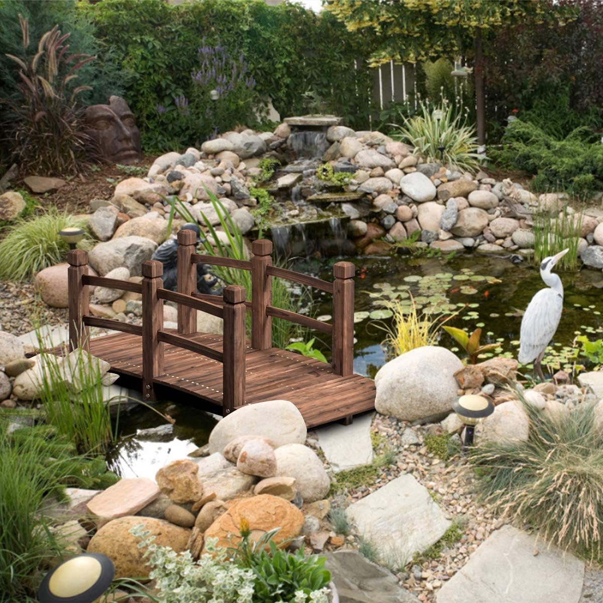 S AFSTAR Wooden Garden Bridge, 5FT Stain Finished Arch Footbridge with Safety Rails for Garden Patio Yard, Outdoor Pond Bridge & Wishing Well Planter Set