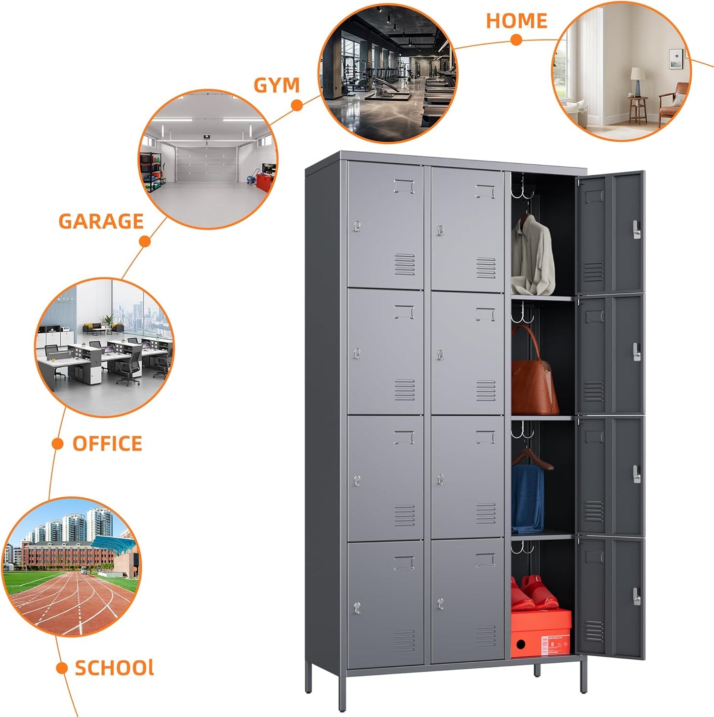 Metal Lockers for Employees with 12 Door and 12 Hooks,Metal Storage Locker with Lock for School Office Gym Bedroom,Assembly Required,Dark Grey