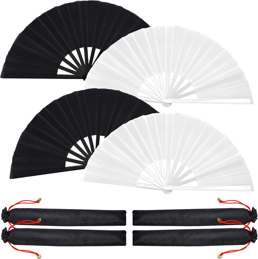 Blulu 4 Pcs 13 Inch Large Folding Hand Fans for Line Dancing Big Clapping Popping Raves Fans Bulk for Dancing Boots on The Ground Festival Party Decoration(Classic Style, Black, White)