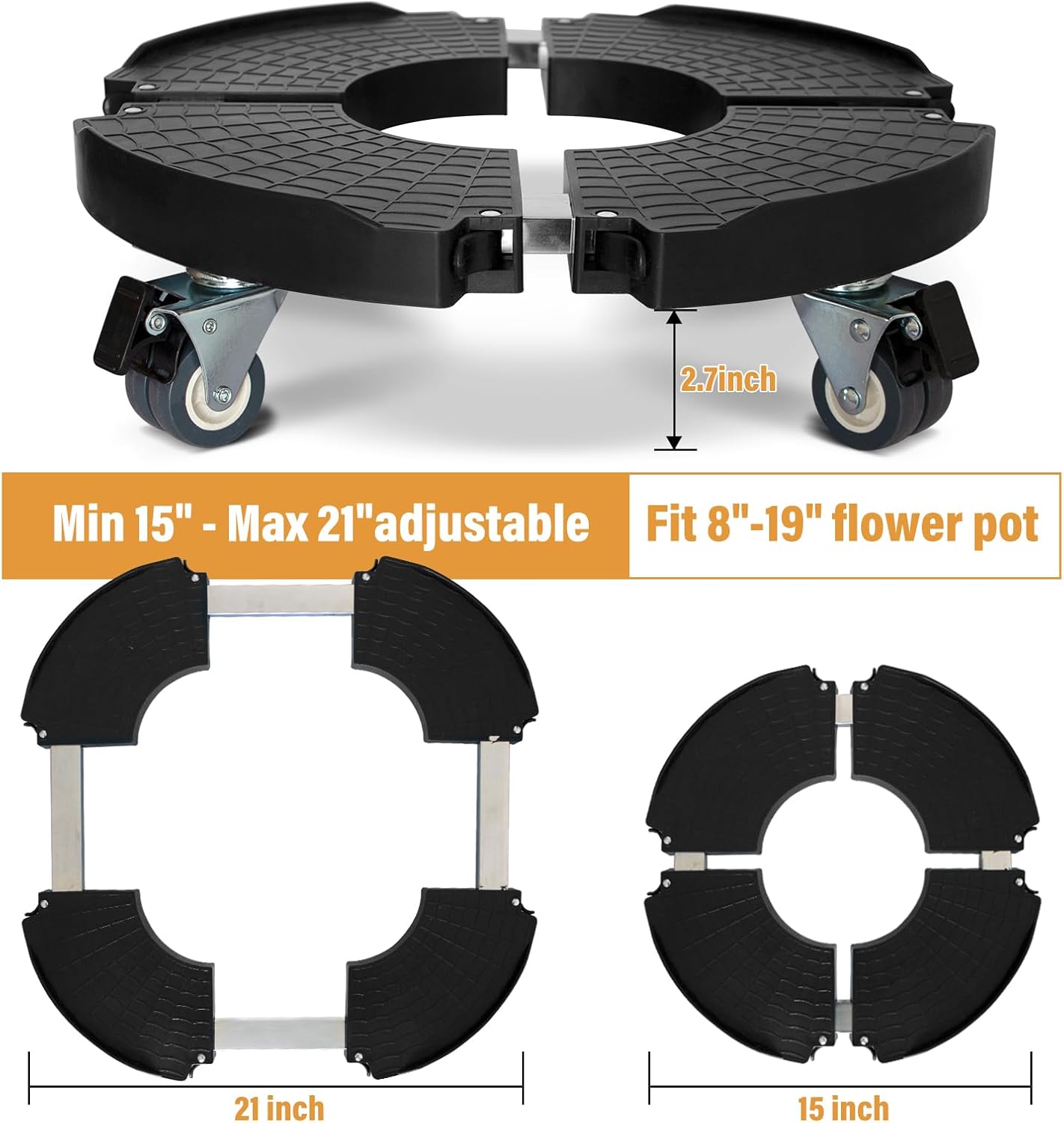 2 Pack Rolling Plant Stand with Wheels,15-21’’Adjustable Heavy Duty Plant Caddy with Wheels for Indoor Outdoor Planter Dolly Lockable