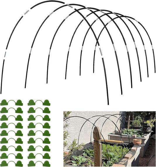 Greenhouse Hoops Grow Tunnel 30 Pcs 16 Inch Up to 6 Sets of 7ft Long Plastic-Coated Rust-Proof Fiberglass Garden Hoops for Raised Beds with 25 Pcs Metal Connect Pipes and 20 Clamps