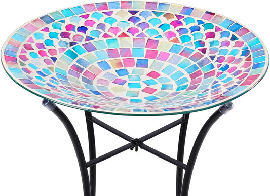 VCUTEKA Bird Baths for Outdoors, Mosaic Bird Bath with Metal Standing for Garden, Yards Patio Décor, Bird Lovers Gift, Glass Birdbath Detachable (20" H * 14" W)