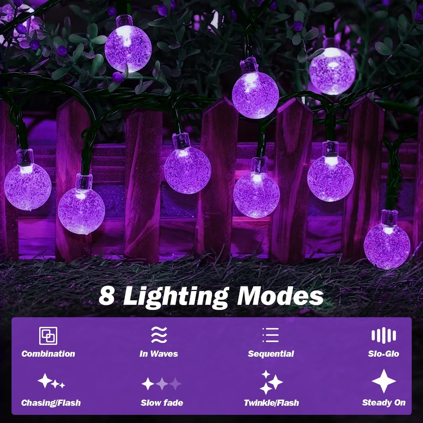 Solar Lights Outdoor Waterproof, 2 Pack Total 200LED 110FT Solar String Lights for Outside with 8 Modes, Outdoor String Lights Crystal Globe Patio Lights for Garden Yard Party Decor(Purple)