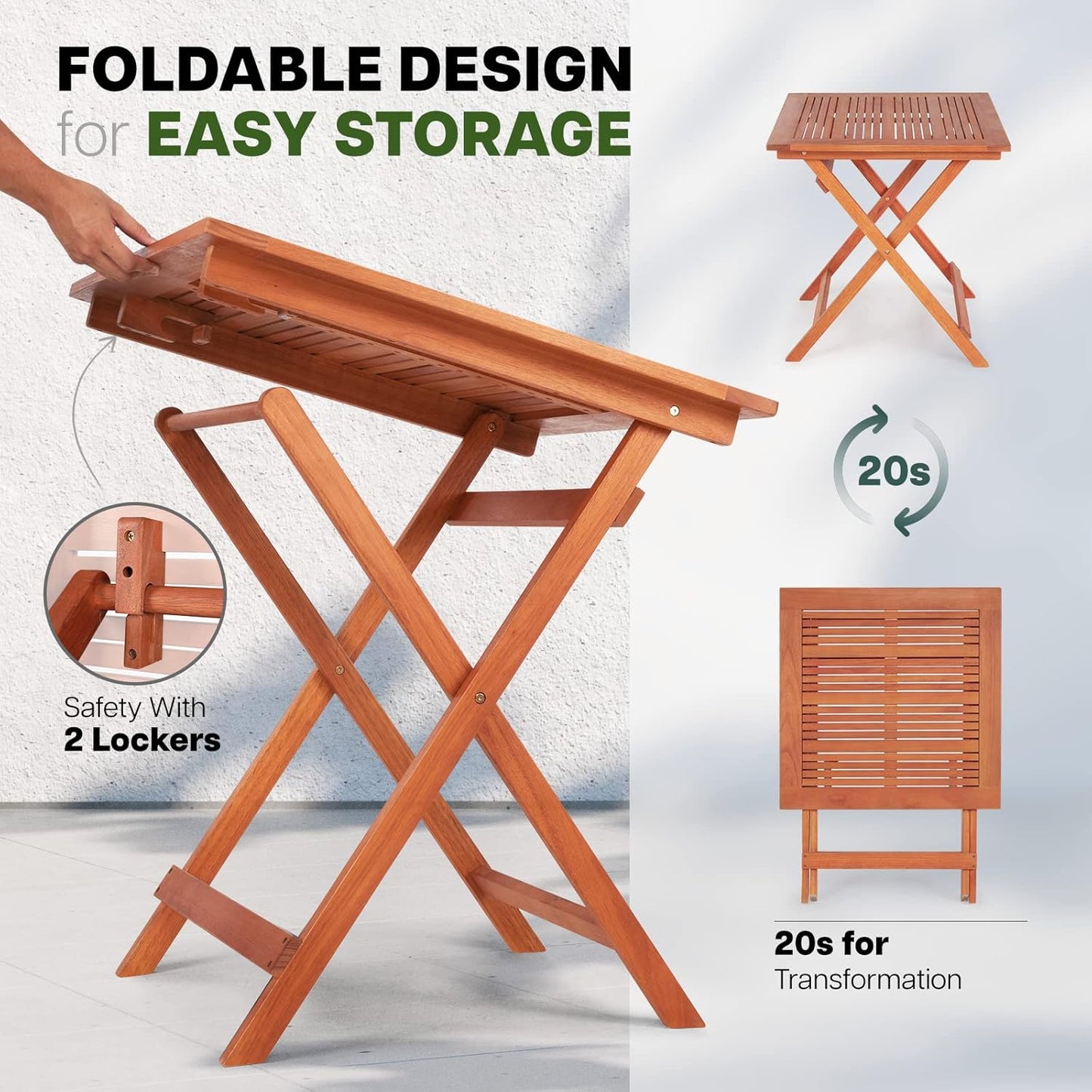 IDZO Eucalyptus Wood Patio Dining Table, 27.75 Inch x 27.75 Inch, Heavy Duty 275lbs Capacity Furniture for Garden, Patio, Balcony