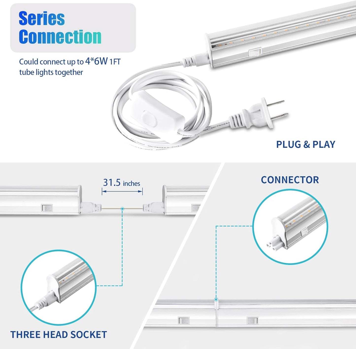 1FT T5 4-Pack Grow Lights for Indoor Plants, 3000K Warm Full Spectrum LED , Plant Grow Lamps with Side Switch, Suitable for Greenhouse Seed Starting, Vegetables, Plug and Play, Easy Installation