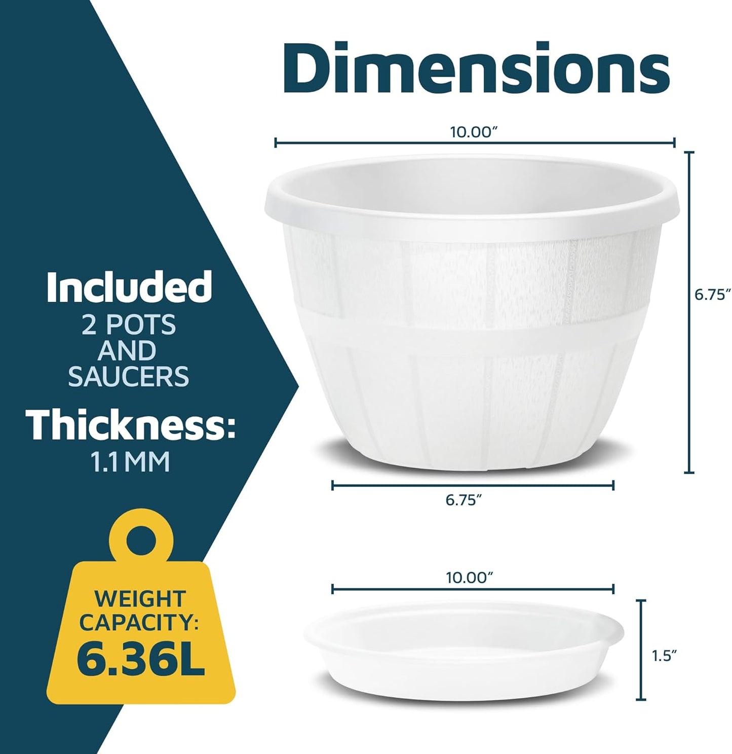 10-Inch Whiskey Barrel Planters Outdoor Pack of 2 - Durable Plastic Plant Pots for Indoor & Outdoor Use with Drainage & Saucer, Lightweight Rustic Barrel Planters for Flowers, Herbs & Small Plants