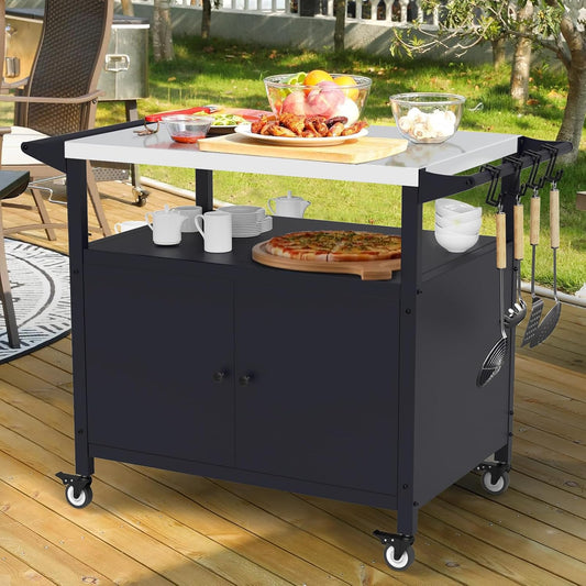 Outdoor Grill Table with Storage, Stainless Steel Grill Cart, Outdoor Kitchen Island Prep Stand Station,Blackstone Griddle Stand, BBQ Serving Cart Rolling Bar Cart with 4 Utensil Hooks