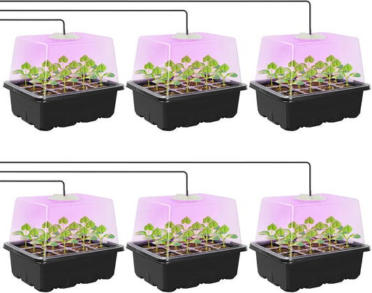 MIXC Seed Starter Kit with Grow Light, Elevated Seedling Tray Kit with Adjustable Humidity Dome and Clear Cell Tray, 12 Full Spectrum Led Beads for Seed Starting Greenhouse, 6 Pack, Black