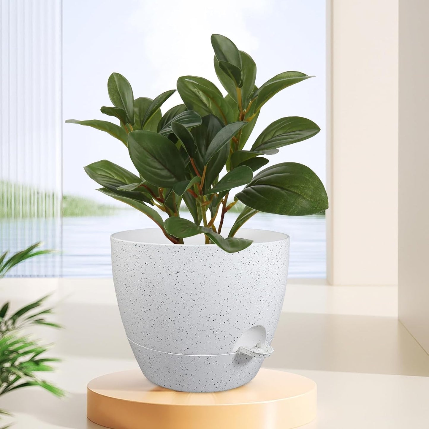 12 inch Large Self Watering Pots, Planter, Plant Pots with Multi Mesh Drainage Holes for Indoor Outdoor House Plants and Garden, Plastic Flower Pots with Deep Reservoir, Speckled White