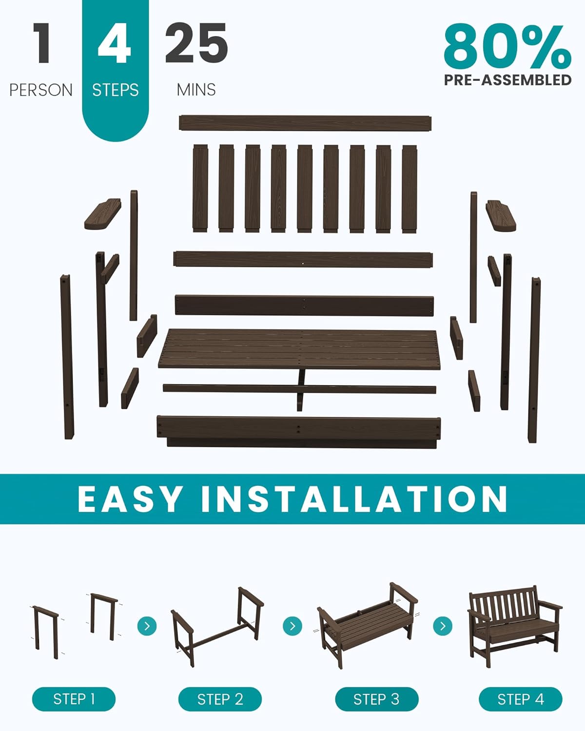 SERWALL Outdoor Bench, HDPE Outdoor Benches Weatherproof, 2-Person Garden Bench with 660 lbs Weight Capacity, Patio Benches for Outdoors, Garden, Porch, Backyard and Park, Coffee, 4 Pack