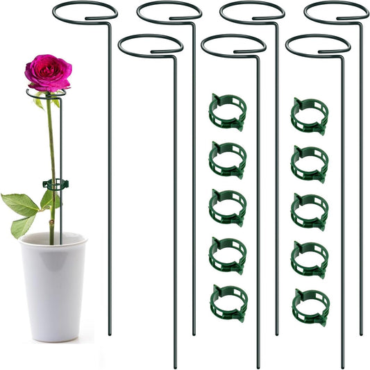 16 Inch Plant Support Stakes (Pack of 7), Garden Single Stem Amaryllis Flower Stake, Metal Plant Cage Support Rings Plants Support Sticks with 10 PCS Plant Clips