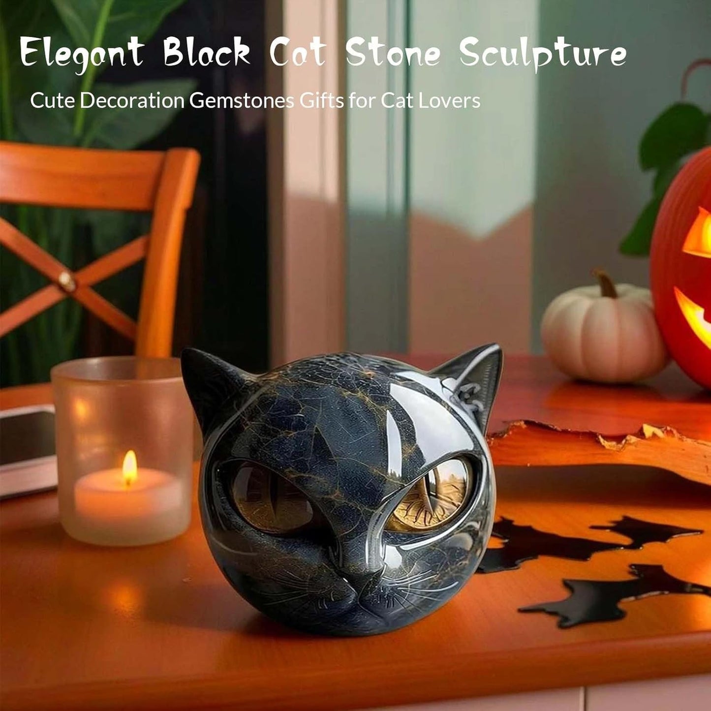 Luxury Black Cat Stone Sculpture Handcrafted Marble Look Resin Statue with Amber Eyes Elegant Home Decor & Gift-Ready Art Piece Figurine Carved Healing Gifts for Cat Lovers (Yellow Eyes)