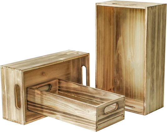 Wooden Boxes, Large Wooden Crates Set of 3 Vintage Torched Brown Wood Storage Crates for Display Home Party Office Bedroom Kitchen Closet