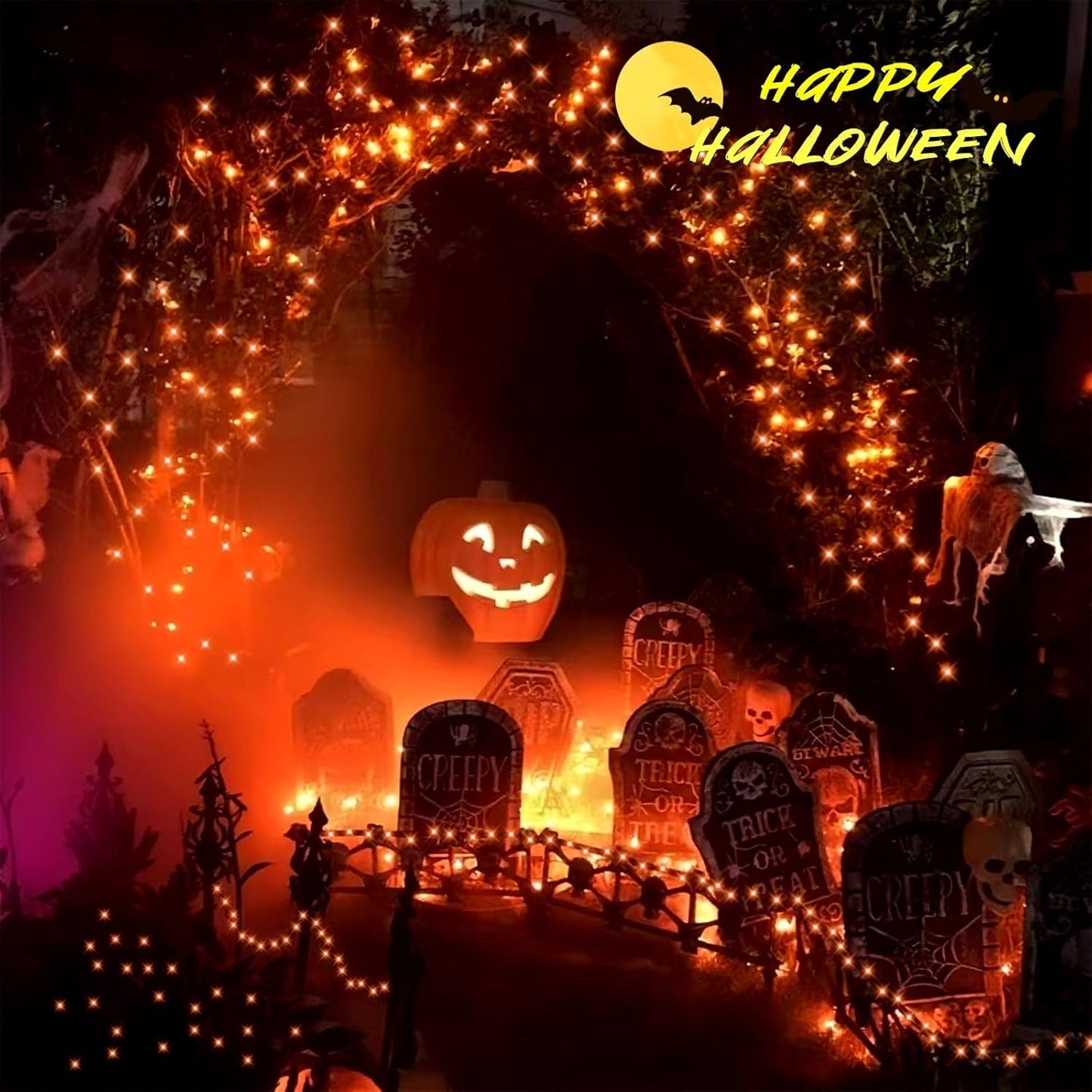 YEGUO Orange Solar Halloween Lights Outdoor Waterproof, 4 Pack Each 33ft 100 LED Solar Fairy Lights, 8 Modes Solar String Lights